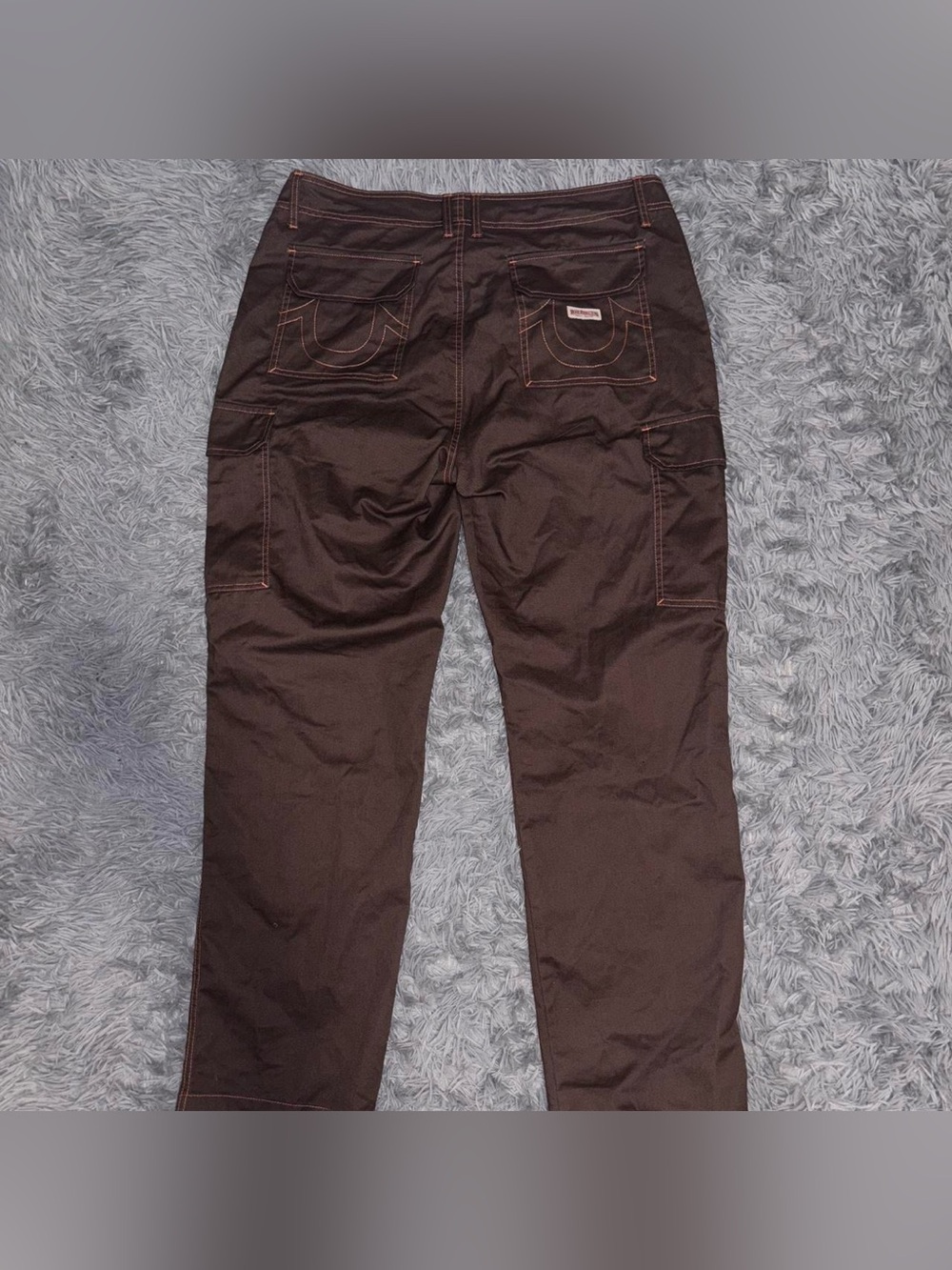 True Religion Mens Brown Cargo Pants Orange Stitch Size 36 Grunge Y2K Streetwear